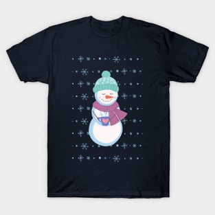 Snowman with coffee and snowflake background T-Shirt